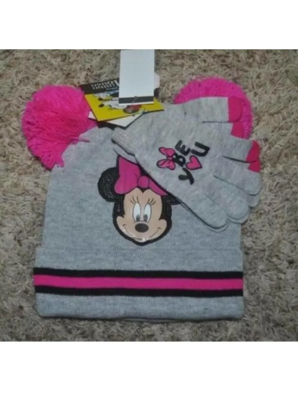 Girls Disney Minnie Mouse Winter Hat & Gloves Gray Pink Texting Fingers 2 Pc Set